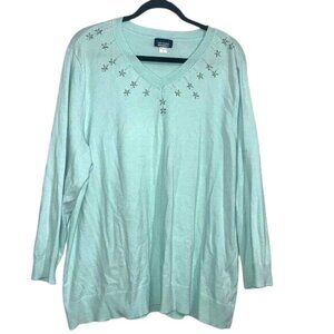 Basic Editions Plus Mint Green Pullover Sweater With Decorative Beading Size 2X
